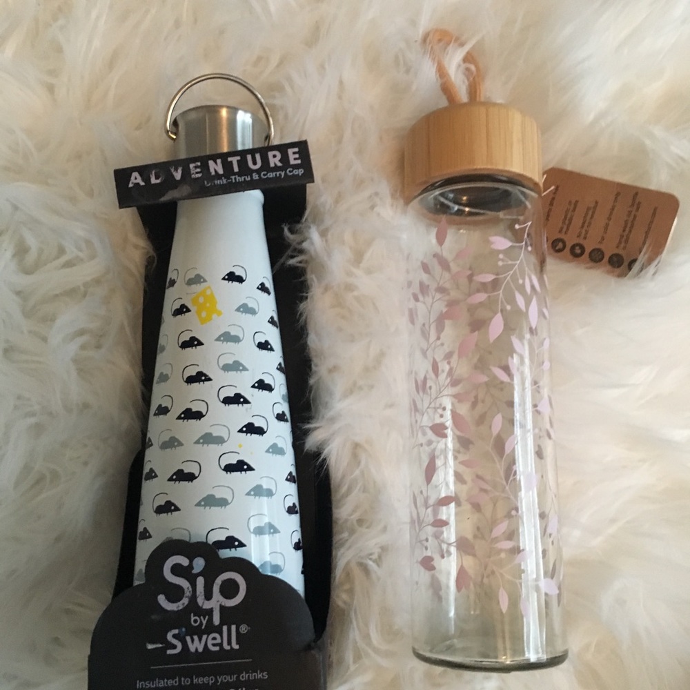 Set of Sip by S’well and glass water bottles